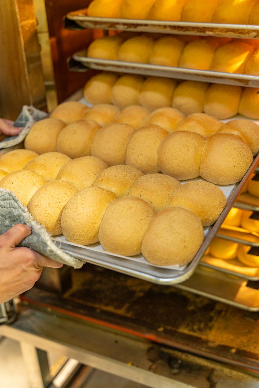 freshly baked bread rolls in bakery setting
